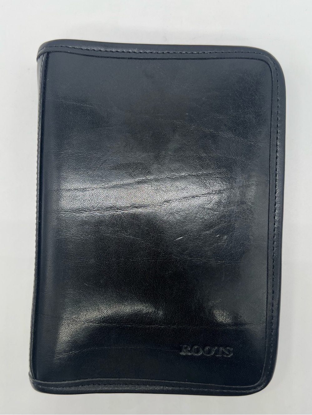 ROOTS VINTAGE 1990s Black Smooth Leather Organizer Day Planner Agenda Bind Cover